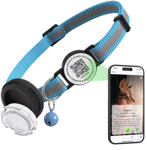 Smart Safety Collar for Cats with QR ID Tag & Tracker Holder