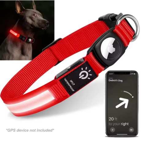 Smart LED Dog Collar with AirTag Holder – Waterproof, Reflective & Adventure-Ready