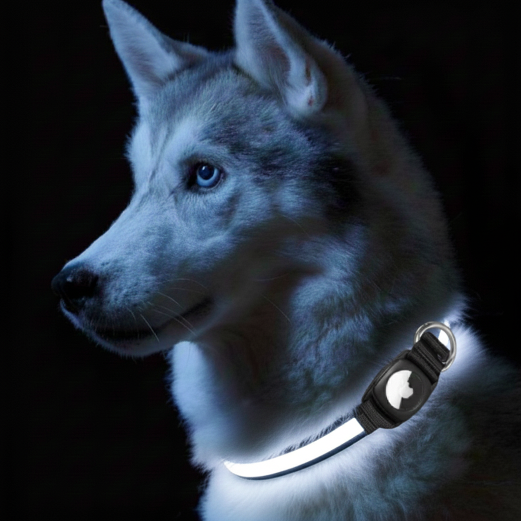 Smart LED Dog Collar with AirTag Holder – Waterproof, Reflective & Adventure-Ready