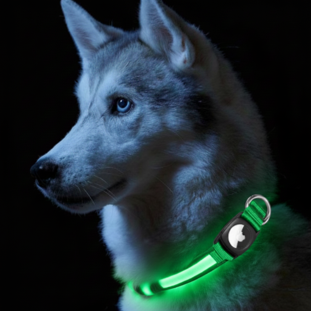 Smart LED Dog Collar with AirTag Holder – Waterproof, Reflective & Adventure-Ready