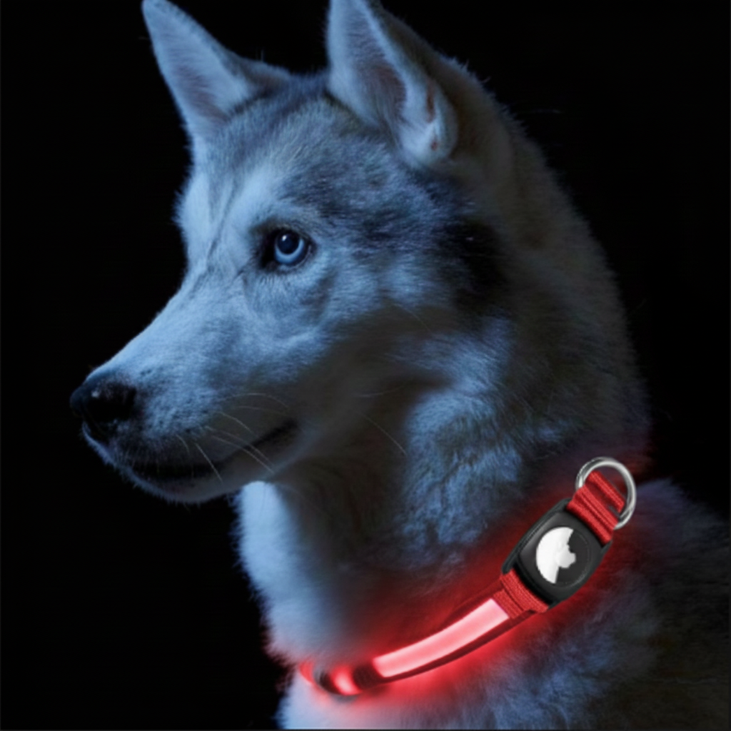 Smart LED Dog Collar with AirTag Holder – Waterproof, Reflective & Adventure-Ready